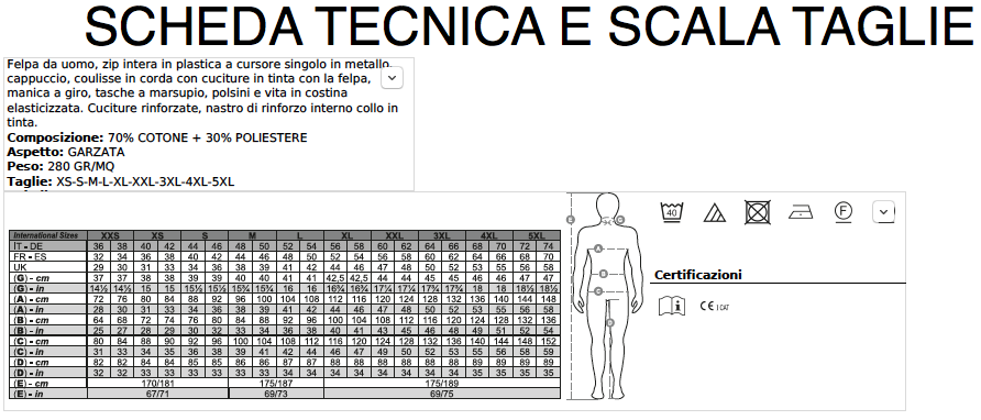 SCHEDA TECNICA E SCALA TAGLIE