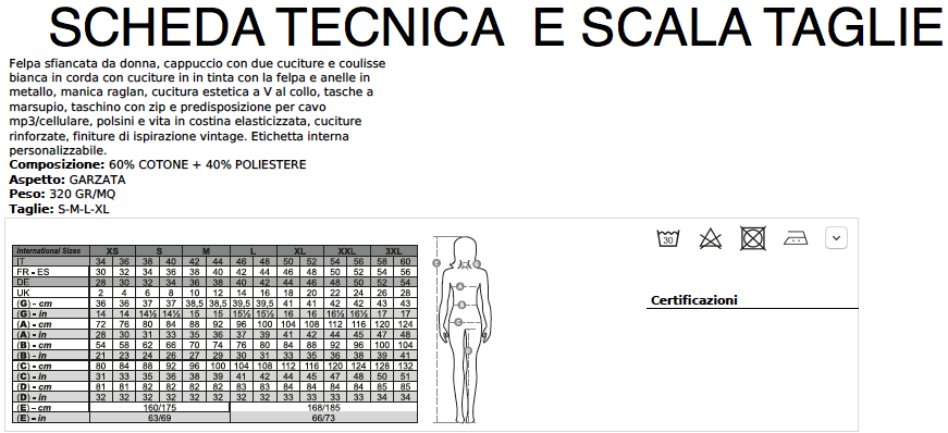 SCHEDA TECNICA E SCALA TAGLIE