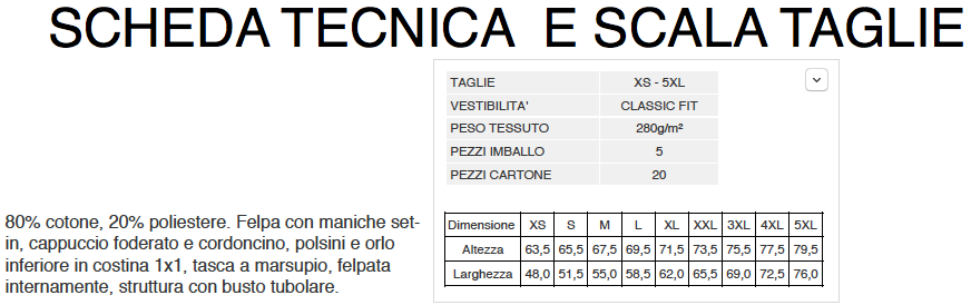 SCHEDA TECNICA E SCALA TAGLIE